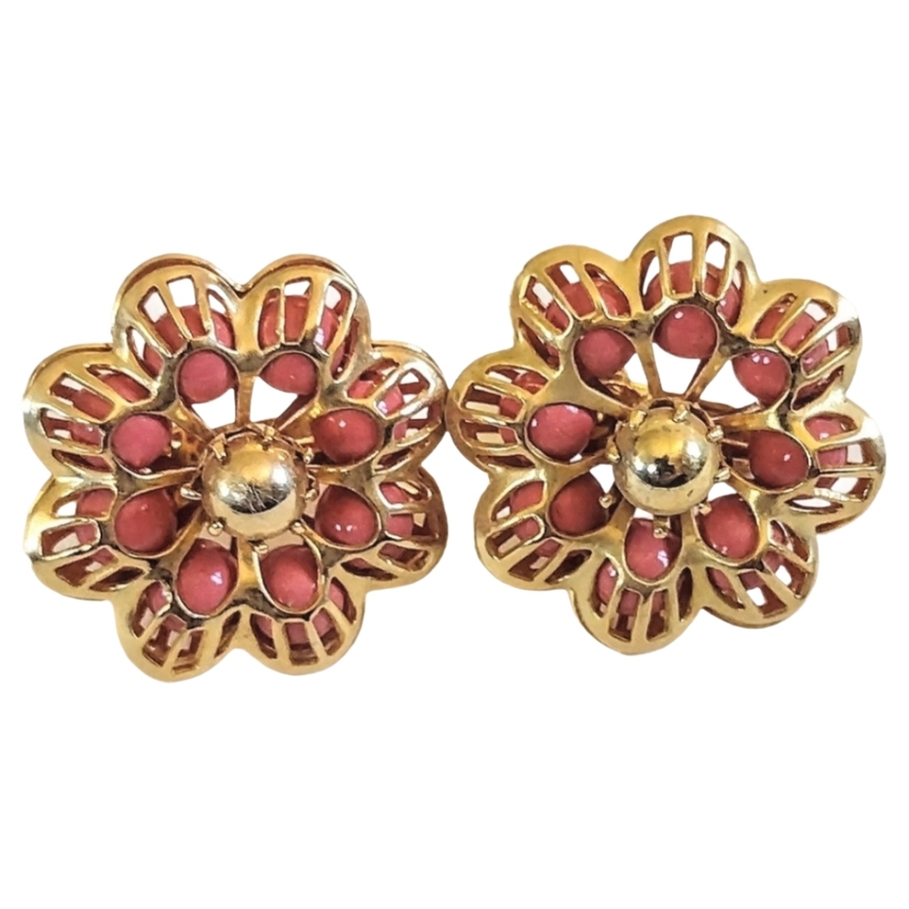 💛 Vintage Elizabeth Morrey Salmon Coral Floral Clip On Earrings